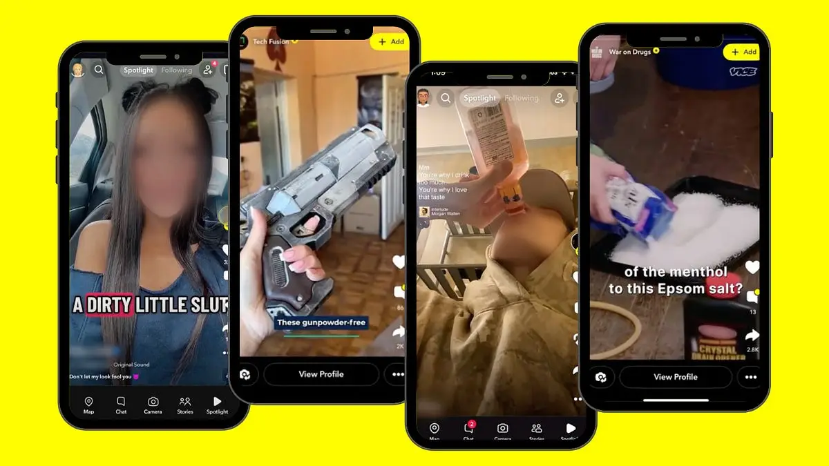 Four Snapchat Spotlight videos on phone screens, with a sexual caption, a gun, drinking and drug making, faces blurred