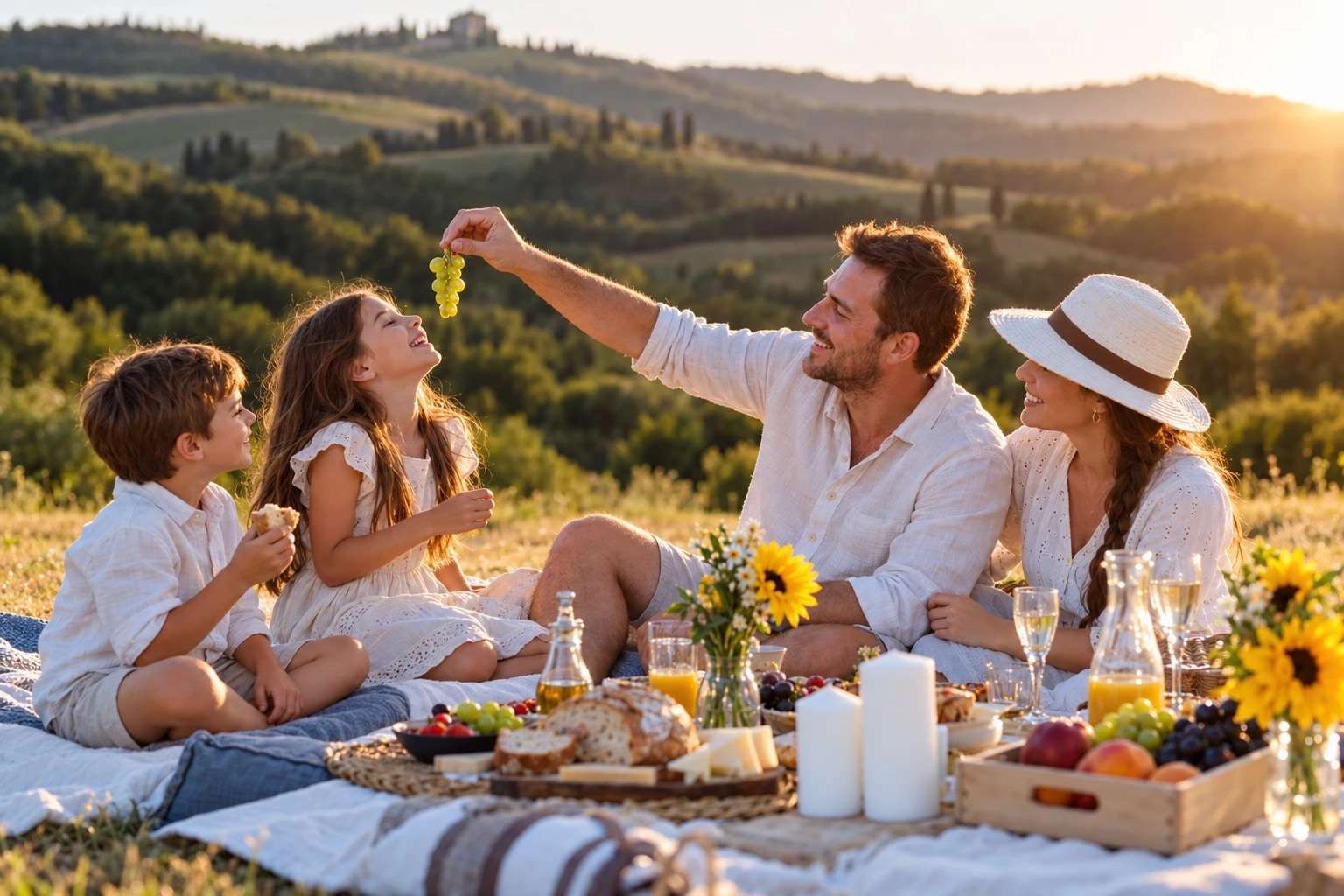 A family picnic on a hillside at golden hour: a father holds up a bunch of grapes for his laughing daughter while his son and his wife look on.