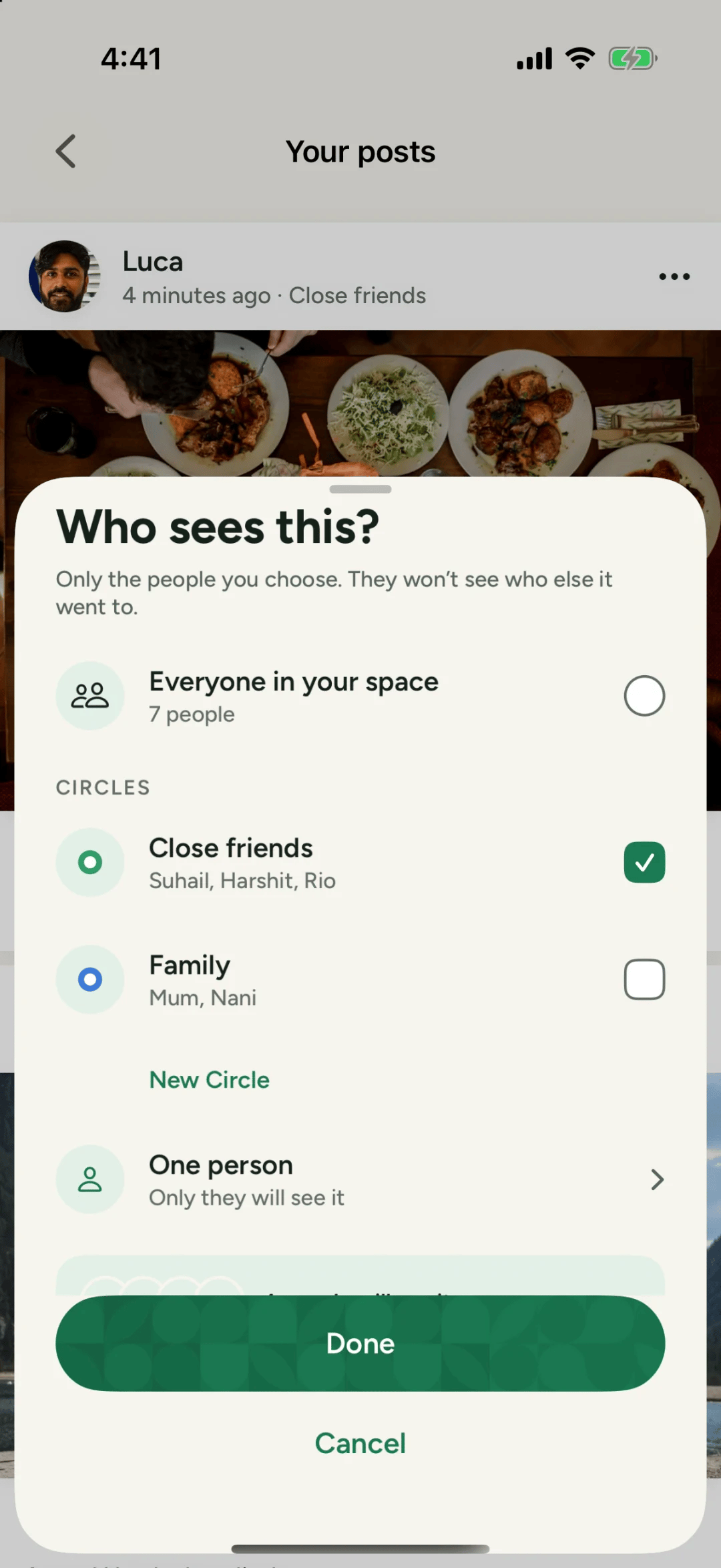 The Who sees this? sheet in Philos with options for everyone in your space, Circles like Close friends and Family, and one person
