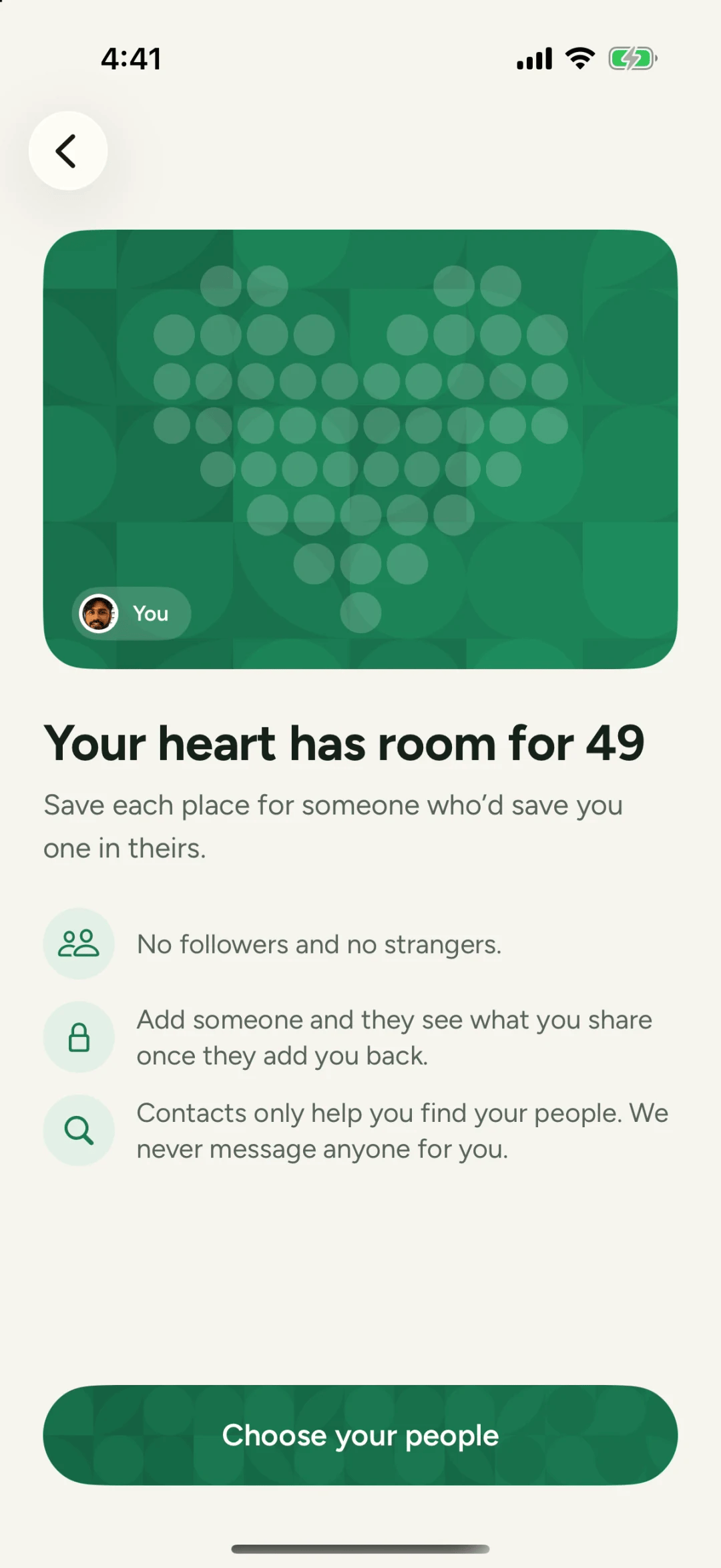 The Philos screen that reads Your heart has room for 49, with a green heart of empty places