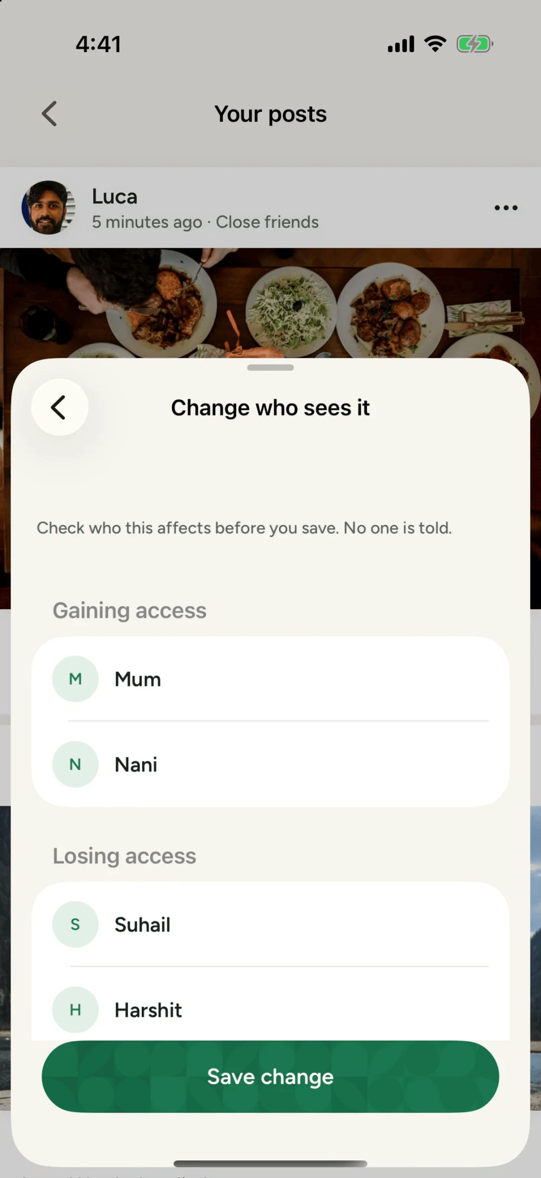 The Change who sees it screen in Philos showing who will gain access to a post