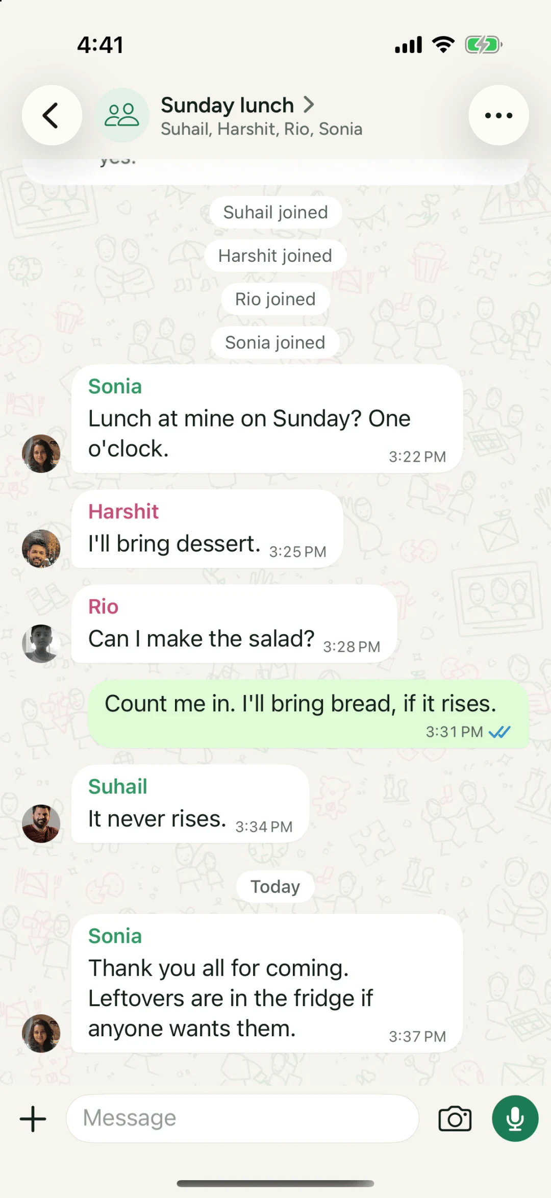 A Philos group chat called Sunday lunch, with messages from Sonia, Harshit, Rio and Suhail about who brings what