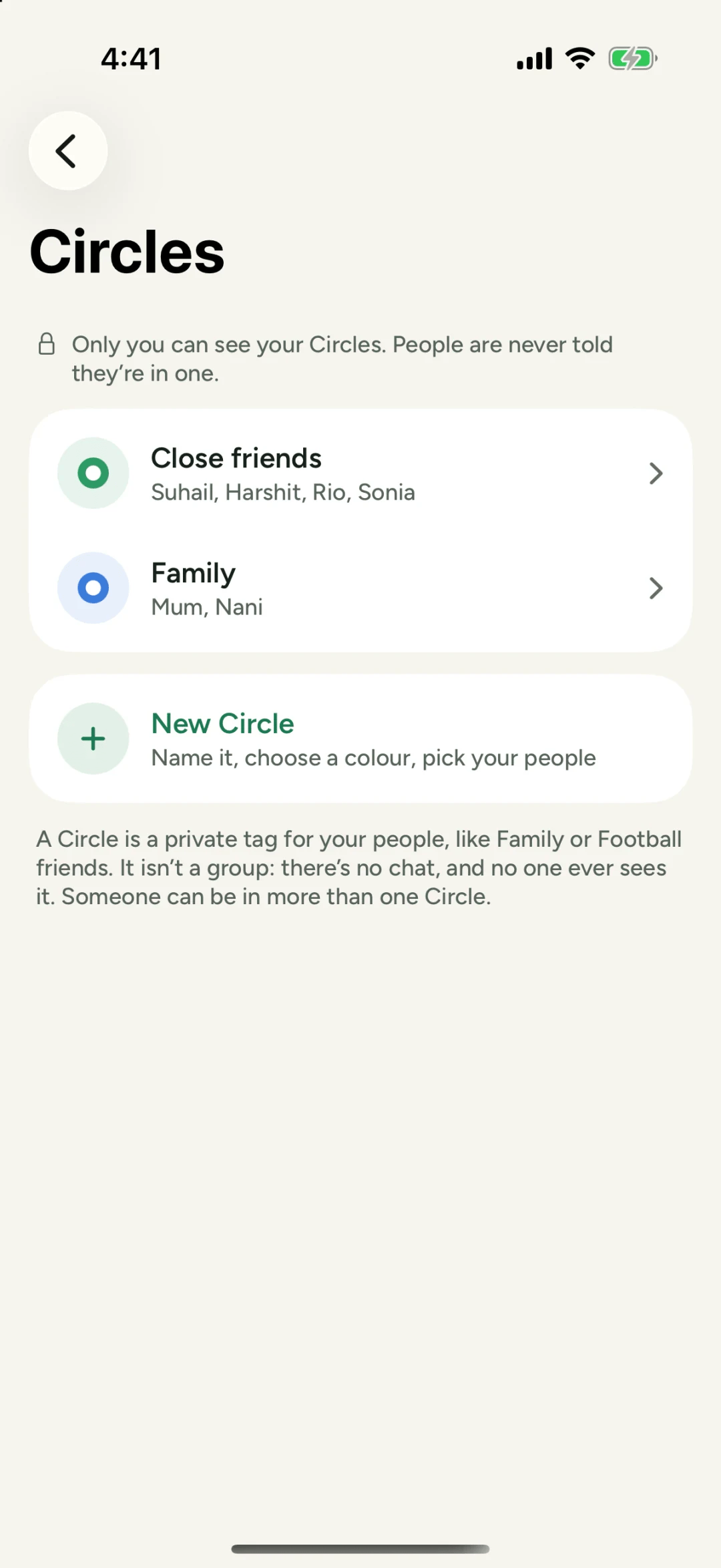 The Circles screen in Philos, listing Close friends and Family, with a New Circle button