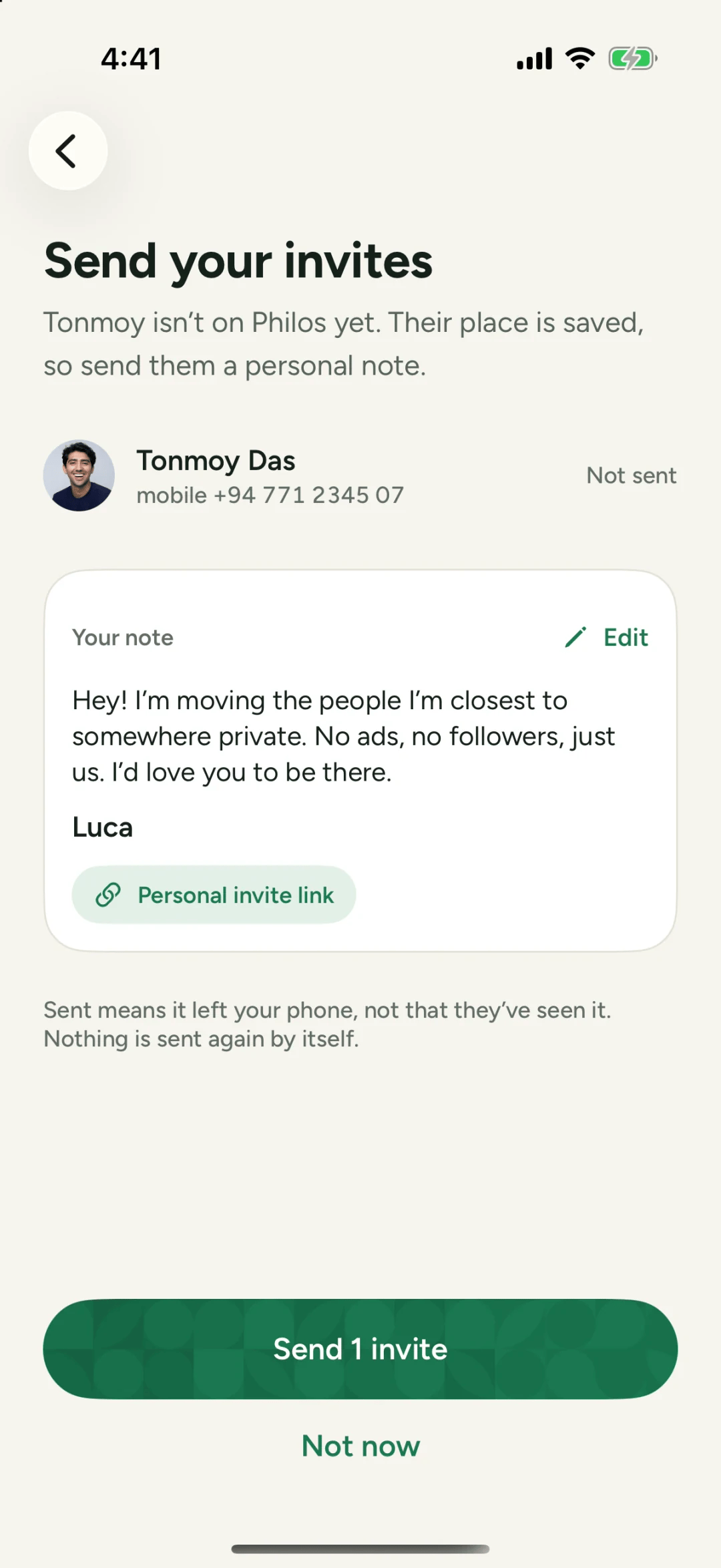 The Send your invites screen in Philos, with a personal note to someone who isn't on Philos yet