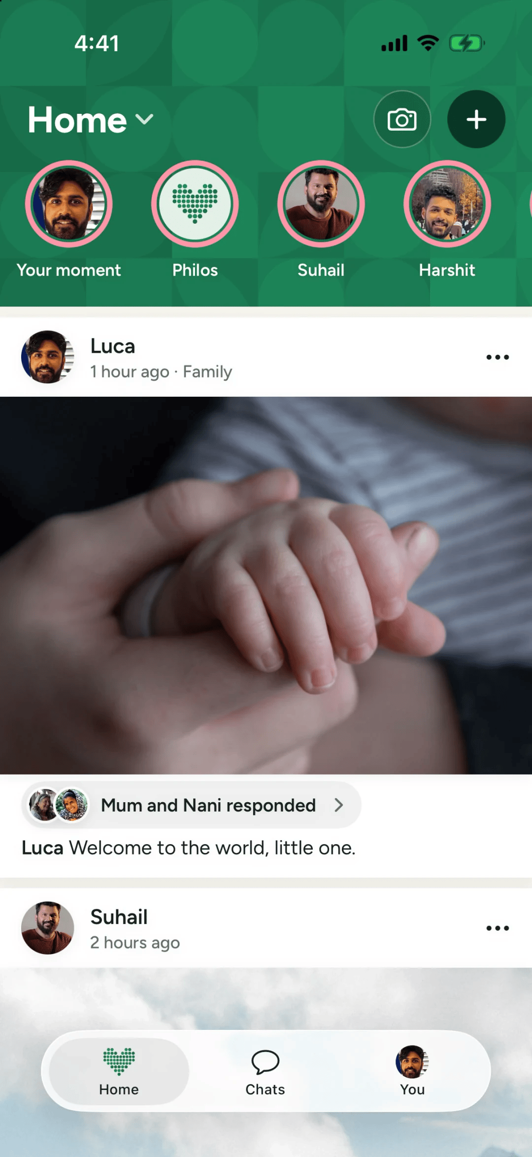A Philos post of a newborn's hand, with a note under it that says Mum and Nani responded