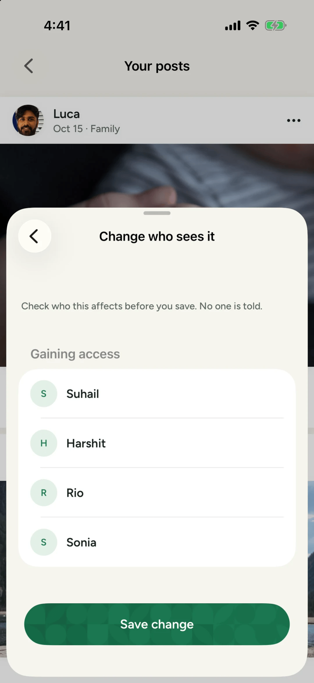 The Change who sees it screen in Philos, listing four friends under Gaining access, with a Save change button