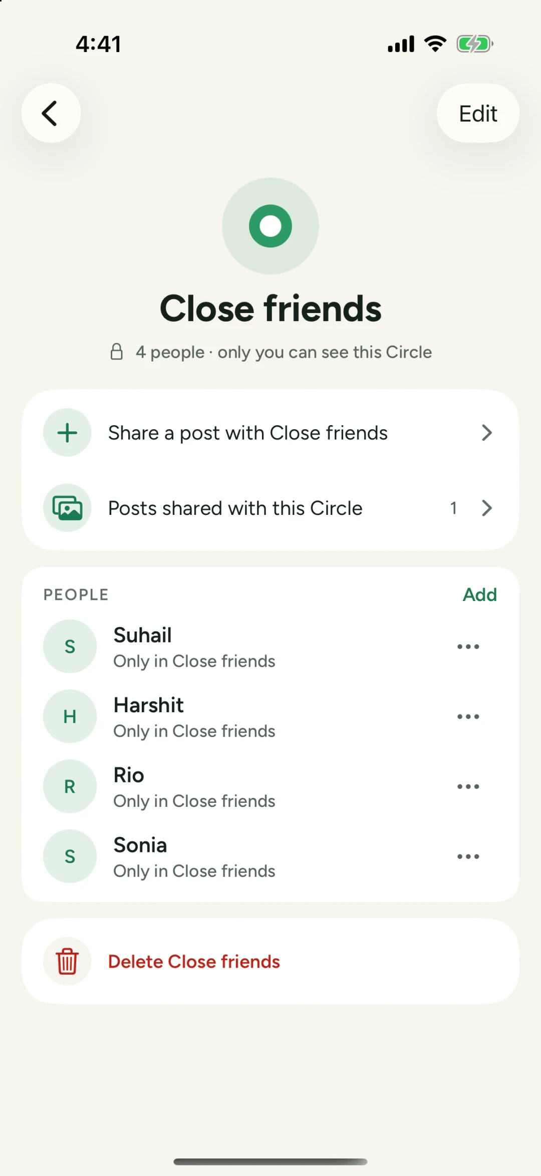 A Circle's page in Philos showing four people, a button to share a post with the Circle, and the posts shared with it