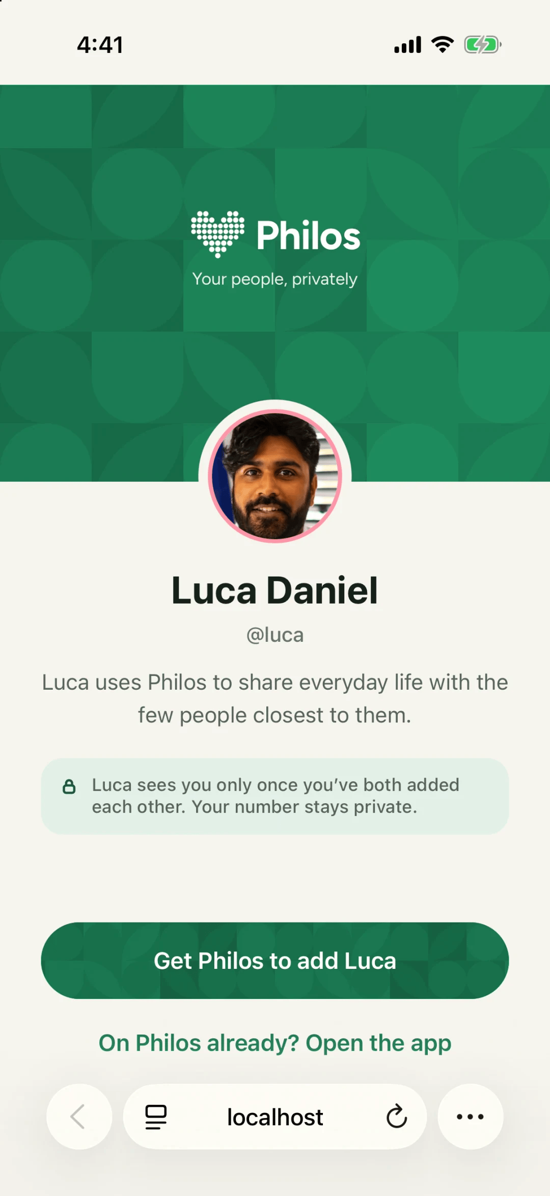 A Philos link page showing a profile photo, the name Luca Daniel, the username @luca, and a button to get Philos